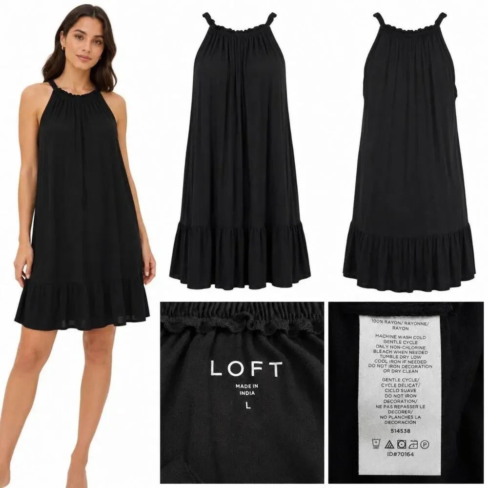 LOFT Black Ruffle Hem Halter Top Women’s Large Rayon Blouse